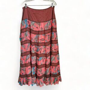 Tiered Patchwork Maxi Skirt‎ Flowy Boho Long Women sz 12 Floral Paisley Pink Zip